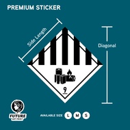 Hazard Class 9 Safety Sticker Label. Battery Hazard Fire Risk. Danger Caution Warning.