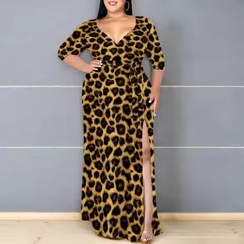 Women's Wrap V Neck Plus Size Maxi Dress 3/4 Sleeves Printed Swing Dress with Belt