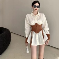 Women's French fake two-piece waistband shirt