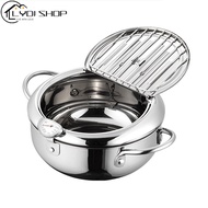 【Ready Stock】Deep Fryer Pot Tempura Frying Pan 304 Stainless Steel Flat Bottom Japanese Style Cookware W/Lid &amp; Temperature Control Thermometer