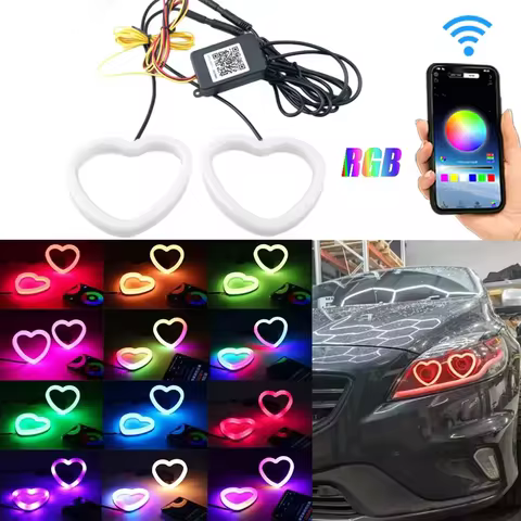2PCS Angel Eyes RGB Heart-Shaped Halo Ring with Bluetooth Control Dynamic Angel Eyes LED DRL Turning
