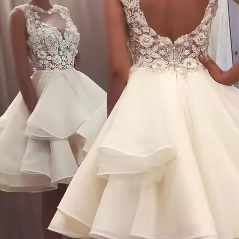 Short Mini Wedding Dress 2024 Sheer O-Neck Lace 3D Flower Sleeveless A-Line Wedding Party Gown Birth