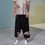 山縱中國風印花倫褲 / 不對稱九分闊腿款 / 情侶男裝百搭褲