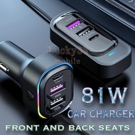 Full 81W Turbo Fast Car Charger Car Saver PD Type C QC 3.0 RGB Led Light USB 6 Port Charge 5V 3.1A F