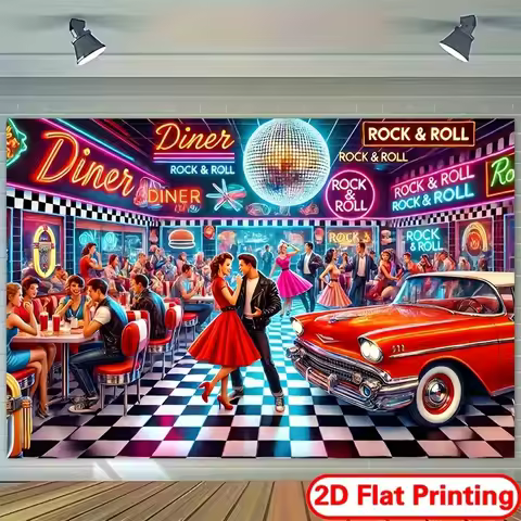 Retro Rock n Roll Diner Dance Tapestry 50s Car Neon Sign Disco Ball Wall Decor for Game Room Bar Mus