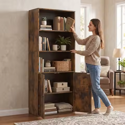 59.7Inch Modern Bookcase with Doors Wooden Bookshelf Storage Cabinet w Flip Doors 5 Tier Bookcase fo