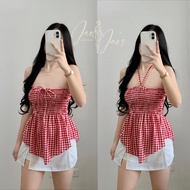 Cielo Smocking Two- Way Halter Ribbon Tube Top Ruffle V Shape Body Hugging Top For Women Womenswear