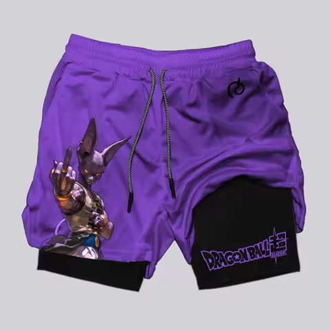 Bandai Beerus Anime Dragon Ball Super 3D Print Double Layer Fake Two Piece Gym Workout Shorts Summer