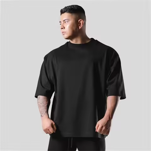 230G M-5XL Solid T Shirt 100% Cotton Gym Sport Fitness Loose Large Size Men Short Sleeve Running Shi