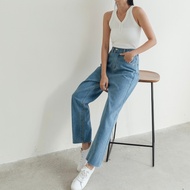 [LEGUSTA] Small Recommended Trousers Ruffled Straight Girlfriend Jeans 9-Point Pants-E00617012