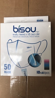 Khẩu trang Bisou 5 D màu trắng và xanh hộp 10 cái x thùng 50 hợp.