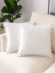 1入組素色靠墊套無填充物絨球裝飾化纖裝飾抱枕套適用於客廳家居裝飾