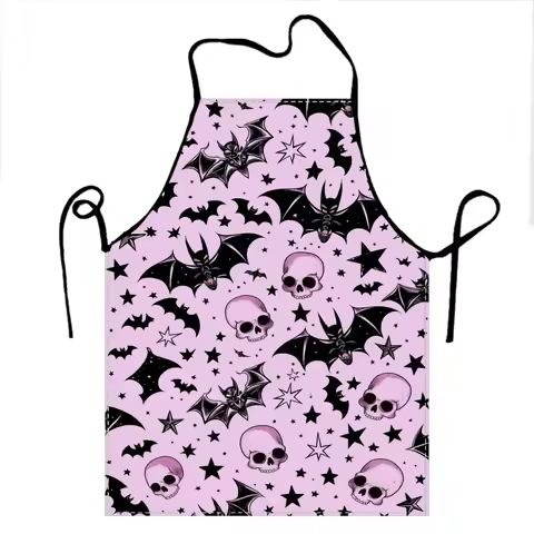 Halloween Skull Bat Star Spooky Pink Black Apron Baking Apron with Santa Hat & Plaid Scarf Design7.2