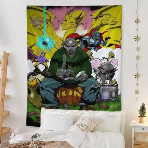 MF DOOM Comic Style Music Tapestry Art Printing Cheap Hippie Wall Hanging Bohemian Wall Tapestries M