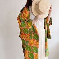 日本製和風水彩渲染印花綠色古著道行羽織和服外套