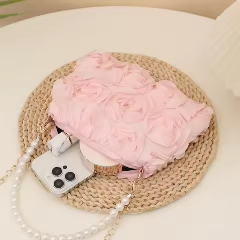 3d Rose Petal Handbag Minimalist Rose Decorative Bag Pearl Chain Shoulder Bag Comfortable Polyester 