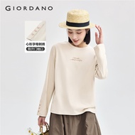 GIORDANO Women T-Shirts 100% Cotton Letter Embroidery Soft Tee Crewneck Long Sleeve Simple Fashion C