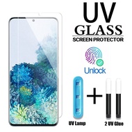 UV กระจกนิรภัยสำหรับ Samsung Galaxy S22 S21 Ultra ป้องกันหน้าจอ S20 Plus S10 S9 S8หมายเหตุ20 10 9 8 S 22 21 E 2กาวฟิล์ม