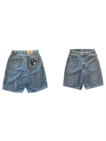 American Black Size 8 Ball Print High Waisted Basketball Shorts Retro Street Blue Denim Shorts Summe