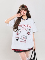 เสื้อยืดแขนสั้น Hello Kitty สำหรับผู้หญิง ทรงหลวม สไตล์หวาน น่ารัก ฤดูร้อน คอกลม ผ้าฝ้าย ปกติ