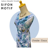 Ceruti Babydoll Chiffon Fabric with Leaf Motif in Denim-Tosca | Patterned Hijab Headscarf Material |