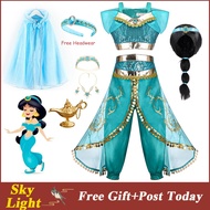 Jasmine Aladdin Princess Dress Of Christmas Birthday Party Top+Pants Magic Lamp Cloak Wig Halloween Carnival Cosplay Costume Kids Clothes Full Set