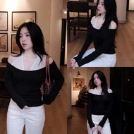 (Shop Item): Black Zip T-shirt with White Twist Collar, Off Shoulder, Super Unique, Mixed with Anyth