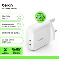 Belkin WCB006myWH BoostCharge Dual USB-C PD Wall Charger 40W (iphone,samsung,ipad,tablet,earbuds & m