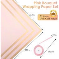 ROADPLUM 20 Sheets Flower Wrapping Paper, Pink Floral Wrapping Paper Bouquet Kit with 100 Pcs Diamon
