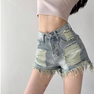Women's high-waisted wide-leg Denim shorts with little tears, sexy street style Denim shorts for wom