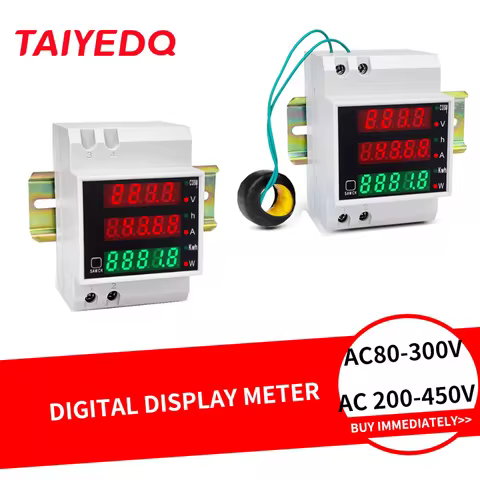 Din Rail Multi-function Digital Meter AC Active Power Factor Electric Energy Ammeter Voltmeter D52-2