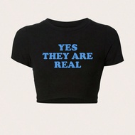 เสื้อยืดผู้หญิงไซส์ใหญ่ สำหรับฤดูร้อน แบบสบายๆ พิมพ์ข้อความและลวดลาย คอกลม แขนสั้น "YES THEY ARE REA