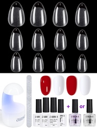 Aillsa Almond Nail Tips Gel Glue Kit: 240pcs Tips, Dehydrator, Top Coat, UV/LED, Files for DIY or Gi