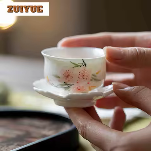 50ml Hand-painted Peach Blossom With Coaster Teacup Boutique Tea Bowl Mug Tea-tasting Smelling Cup C
