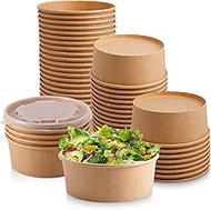 Tczecoo Pack of 50 Kraft Salad Bowls with Lid, 36 oz/1100 ml Kraft Paper Salad Bowl, Round Hard Pape