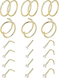 21PCS 18G 20G 22G 316L Stainless Steel Nose Rings Hoop for Women Men Double Nose Ring CZ Nose Stud P