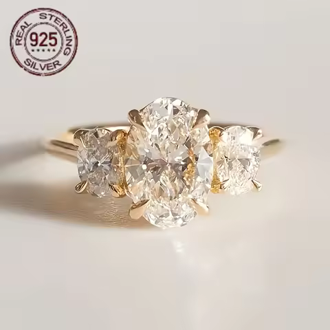 4.0 CT Oval Cut Three Stone Style 925 Silver Engagement Rings Women Simple Style 18K Gold Plated Wed