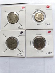 美國硬幣：USA-1927-5仙、1966-1仙、1982-5仙、2005-5仙共4個.