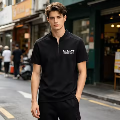 Men's CCM Hockey Print Quarter Zip Polo Shirt Short Sleeve Stand Collar T-shirt Breathable Casual Sl