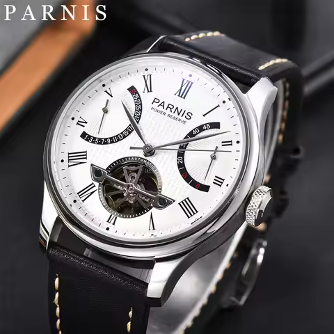 Parnis 43mm Automatic Power Reserve Mens Watch Flywheel Dial Genuine Leather Strap