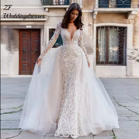 Customized Bride Dress Mermaid Detachable 2 In 1 Wedding Dress Embroidered Lace On Net With O-Neck F