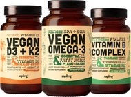 Vegan Omega 3 180 Softgels & Vegan D3 + K2 & Vitamin B Complex Bundle - Plant Based DHA & EPA Fatty 