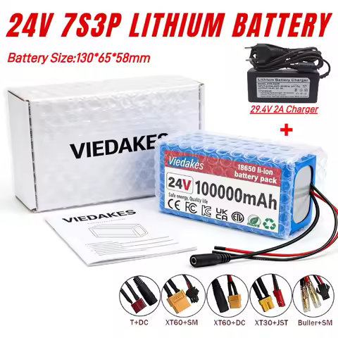 Viedakes 24V 100Ah 7S3P 18650 Li-ion Battery Pack with 29.4V charger for wheelchair ,scooter Lithium