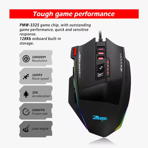 ZELOTES C13 Wired Mouse 10000DPI Programmable Gaming Mouse 13 Buttons RGB Light Laser Mouse for Game