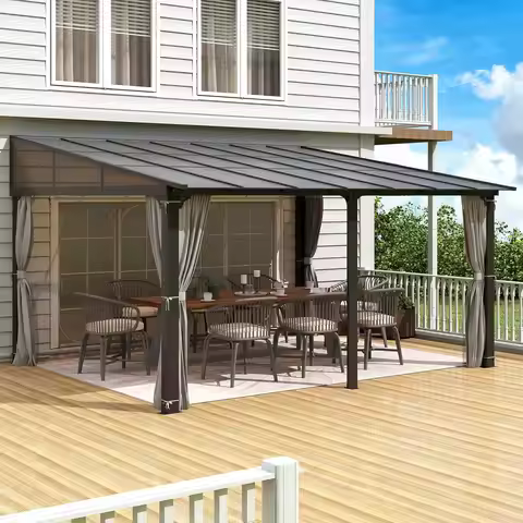 12x14FT Outdoor Wall-Mounted Hardtop Gazebo, Aluminum Frame Lean to Gazebo with Polycarbonate Roof a