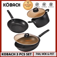 KOBACH Maifanitum 3Pcs Set (22cm Pot with Cover +26cm Pan + 32cm Wok) | Non-Stick | Deep Fry