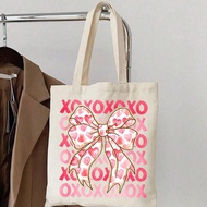 กระเป๋าช็อปปิ้งพิมพ์ลาย "XOXO" ขอบสีทอง กระเป๋าช็อปปิ้งสำหรับผู้หญิงที่ใช้ซ้ำได้ พิมพ์ มีหูหิ้วคู่ ก