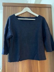 ［二手］Meierq 深藍色素面基本款羊毛七分袖圓領寬鬆上衣 s號 giordano ladies風格