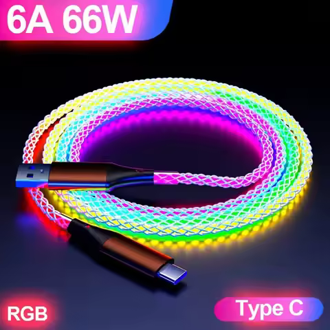 RGB 66W 6A USB C Fast Charging Cable Colorful Streamer Glowing Line For Samsung Xiaomi Redmi Huawei 