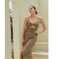 Beigy Vacation Style Low-Cut Twist Bra Dress-Cedar Green S